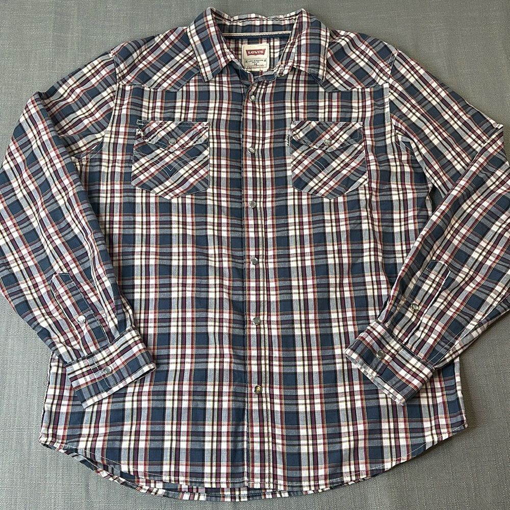 Levi's Shirt Mens Medium Plaid Pearl Snap Red White Blue Western Cowboy